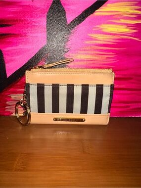 henri bendel Black and White Stripe Zip Cardholder with Pink Lining